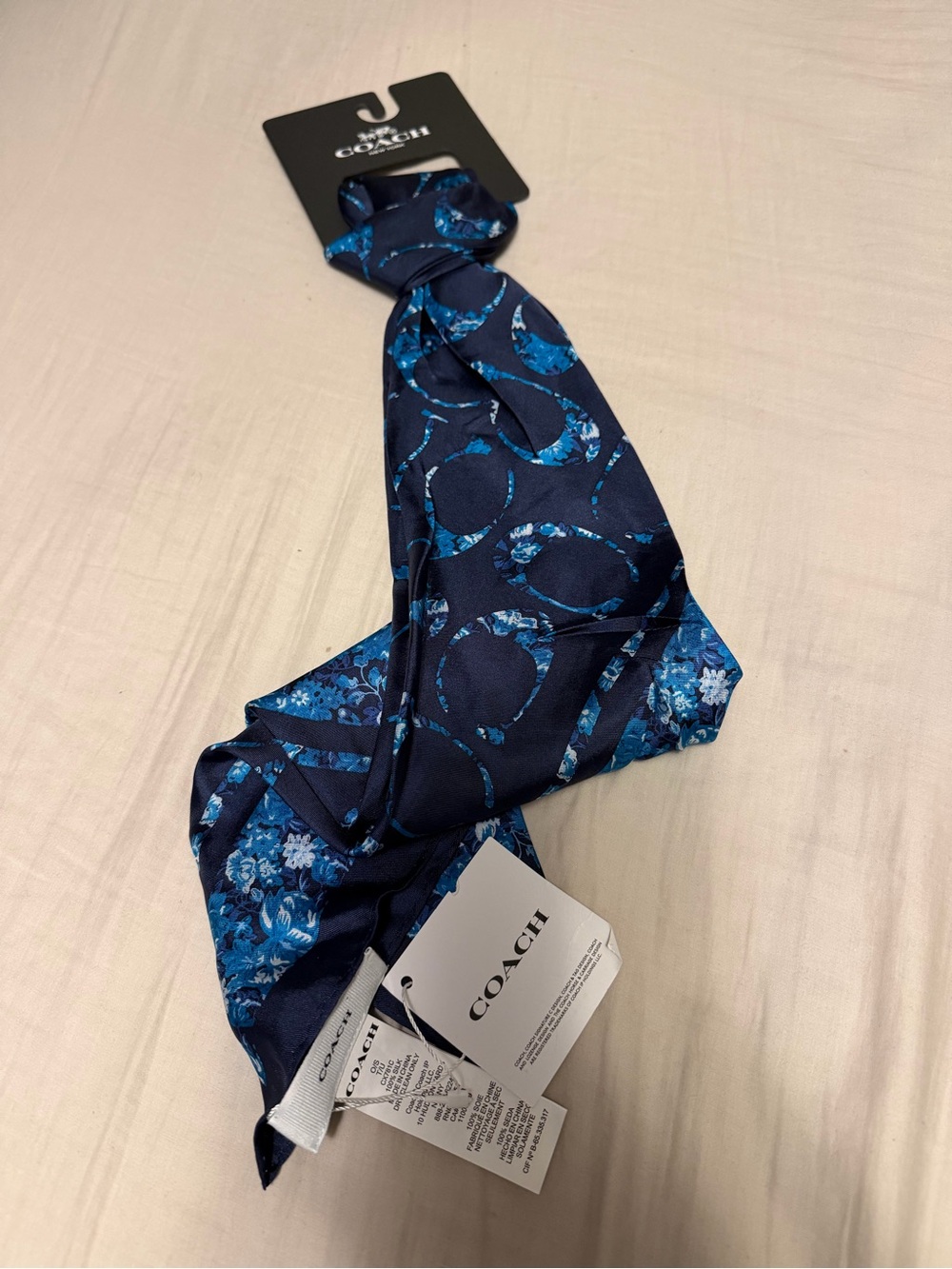 Coach Navy and Bright Blue Floral Silk Scarf Tie